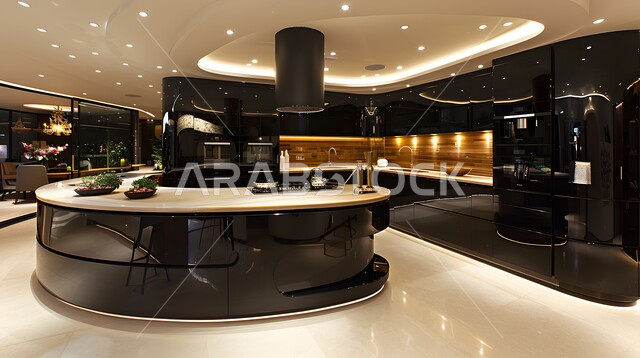 التصميم العصري للمطابخ الفاخرة في المملكة العربية السعودية، التحف والأكسسوارات المنزلية، الفن الهندسي المعماري للفلل والشقق السكنية، ديكور داخلي راقي لمطبخ أنيق