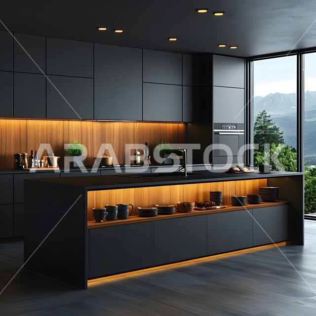 التصميم العصري للمطابخ الفاخرة في المملكة العربية السعودية، التحف والأكسسوارات المنزلية، الفن الهندسي المعماري للفلل والشقق السكنية، ديكور داخلي راقي لمطبخ أنيق