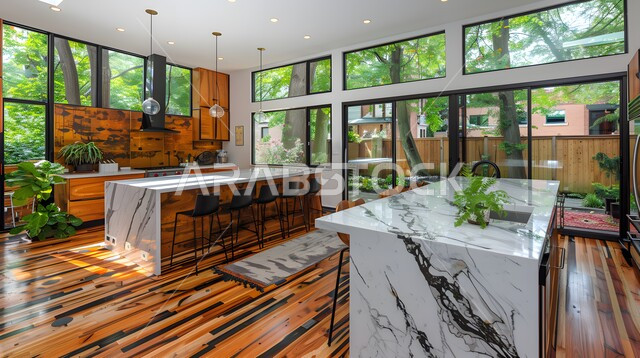 التصميم العصري للمطابخ الفاخرة في المملكة العربية السعودية، التحف والأكسسوارات المنزلية، الفن الهندسي المعماري للفلل والشقق السكنية، ديكور داخلي راقي لمطبخ أنيق