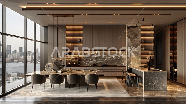 التصميم العصري للمطابخ الفاخرة في المملكة العربية السعودية، التحف والأكسسوارات المنزلية، الفن الهندسي المعماري للفلل والشقق السكنية، ديكور داخلي راقي لمطبخ أنيق