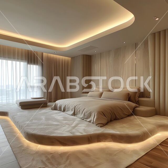 Using elegant artistic style in home furniture, modern bedroom decorations in white, distinctive interior designs for villas and residential apartments in the Kingdom of Saudi Arabia, a comfortable bed in calm colors, high-end interior home accessories