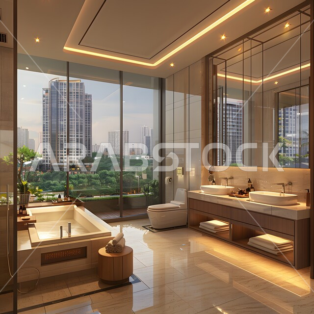 الفن الهندسي المعماري للفلل والمنازل الراقية، الحمام الداخلي الحديث بألوان هادئة ومتناسقة، ديكورات وتصاميم داخلية للحمامات وأحواض الاستحمام في الشقق السياحية، دورة مياه فاخرة في أحد المباني السكنيه