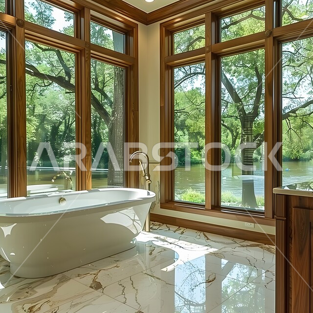 الفن الهندسي المعماري للفلل والمنازل الراقية، الحمام الداخلي الحديث بألوان هادئة ومتناسقة، ديكورات وتصاميم داخلية للحمامات وأحواض الاستحمام في الشقق السياحية، دورة مياه فاخرة في أحد المباني السكنيه