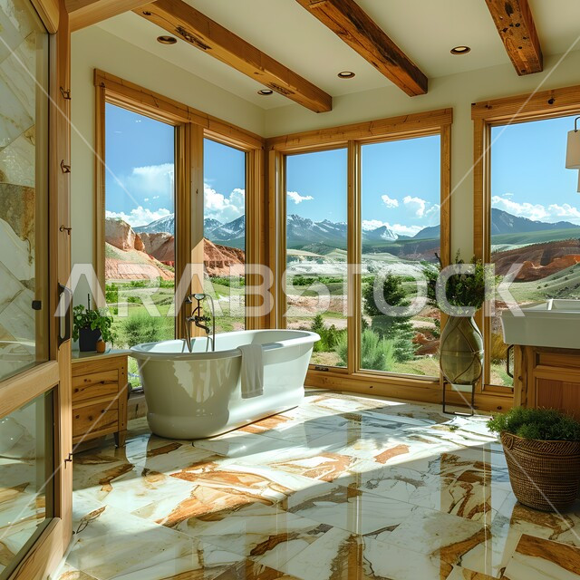 الفن الهندسي المعماري للفلل والمنازل الراقية، الحمام الداخلي الحديث بألوان هادئة ومتناسقة، ديكورات وتصاميم داخلية للحمامات وأحواض الاستحمام في الشقق السياحية، دورة مياه فاخرة في أحد المباني السكنيه