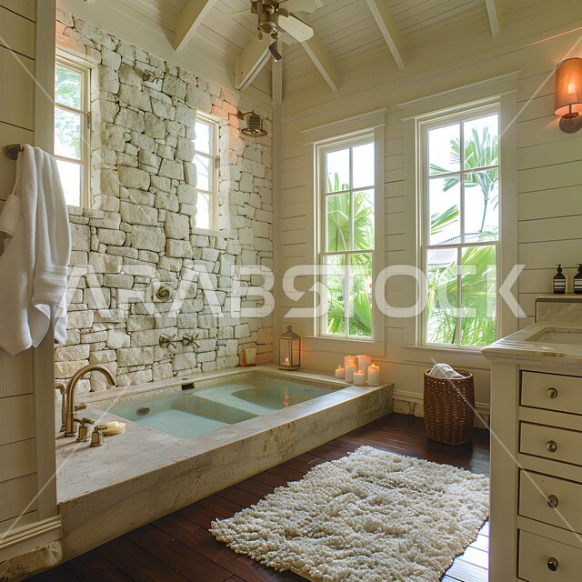 الفن الهندسي المعماري للفلل والمنازل الراقية، الحمام الداخلي الحديث بألوان هادئة ومتناسقة، ديكورات وتصاميم داخلية للحمامات وأحواض الاستحمام في الشقق السياحية، دورة مياه فاخرة في أحد المباني السكنيه