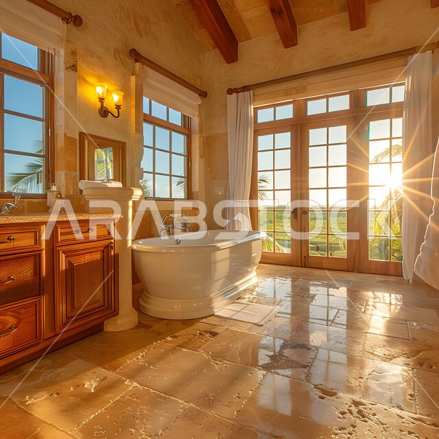 الفن الهندسي المعماري للفلل والمنازل الراقية، الحمام الداخلي الحديث بألوان هادئة ومتناسقة، ديكورات وتصاميم داخلية للحمامات وأحواض الاستحمام في الشقق السياحية، دورة مياه فاخرة في أحد المباني السكنيه