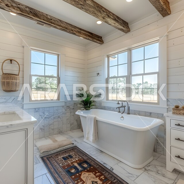 Architectural art for high-end villas and homes, modern interior bathrooms in calm and harmonious colors, interior decorations and designs for bathrooms and bathtubs in tourist apartments, a luxurious bathroom in a residential building.