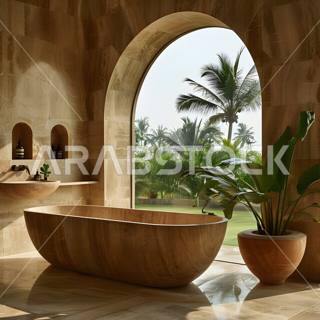 الفن الهندسي المعماري للفلل والمنازل الراقية، الحمام الداخلي الحديث بألوان هادئة ومتناسقة، ديكورات وتصاميم داخلية للحمامات وأحواض الاستحمام في الشقق السياحية، دورة مياه فاخرة في أحد المباني السكنيه