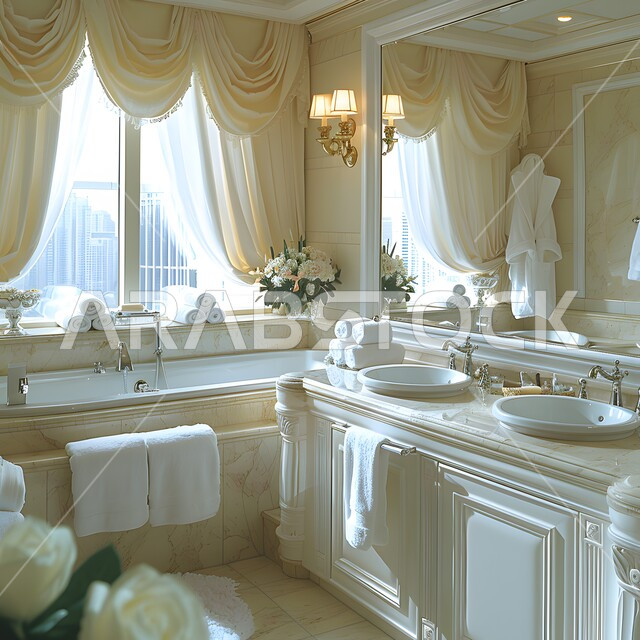 حمام بديكورات داخلية معاصرة, مغاسل فاخرة مع مرايا كبيرة, التصاميم العصرية للحمامات في المملكة، دورة مياه رخامية فاخرة في إحدى الفنادق والمنتجعات، الاكسسوارات والأضاءة المميزة