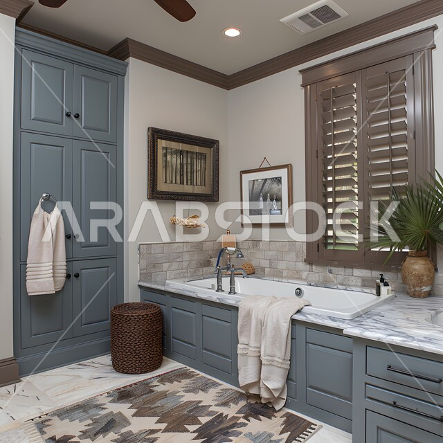 Bathroom with contemporary interior decoration, luxury sinks with large mirrors, modern bathroom designs in the Kingdom, luxury marble bathroom in a hotel and resort, distinctive accessories and lighting