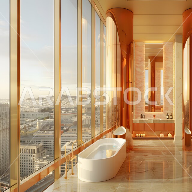 حمام بديكورات داخلية معاصرة, مغاسل فاخرة مع مرايا كبيرة, التصاميم العصرية للحمامات في المملكة، دورة مياه رخامية فاخرة في إحدى الفنادق والمنتجعات، الاكسسوارات والأضاءة المميزة