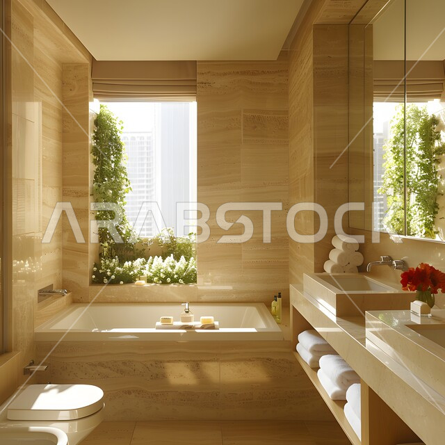 حمام بديكورات داخلية معاصرة, مغاسل فاخرة مع مرايا كبيرة, التصاميم العصرية للحمامات في المملكة، دورة مياه رخامية فاخرة في إحدى الفنادق والمنتجعات، الاكسسوارات والأضاءة المميزة