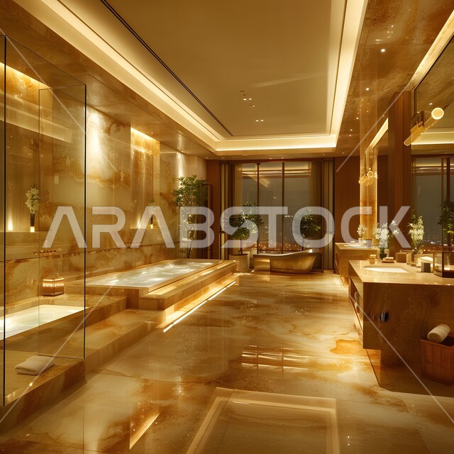 حمام بديكورات داخلية معاصرة, مغاسل فاخرة مع مرايا كبيرة, التصاميم العصرية للحمامات في المملكة، دورة مياه رخامية فاخرة في إحدى الفنادق والمنتجعات، الاكسسوارات والأضاءة المميزة