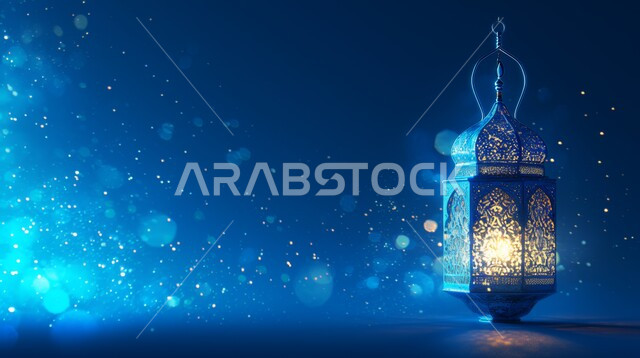 فانوس مزخرف معدني مضيء, ديكورات وزينة و أنوار، الاحتفالات بالمناسبات و الأعياد الدينية الإسلامية, البهجة بقدوم رمضان المبارك, أضواء و مصابيح عربية تقليدية, الأجواء الروحانية في الأيام الفضيلة, الاستعداد لاستقبال الشهر الفضيل، خلفية زرقاء
