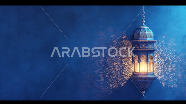 فانوس مزخرف معدني مضيء, ديكورات وزينة و أنوار، الاحتفالات بالمناسبات و الأعياد الدينية الإسلامية, البهجة بقدوم رمضان المبارك, أضواء و مصابيح عربية تقليدية, الأجواء الروحانية في الأيام الفضيلة, الاستعداد لاستقبال الشهر الفضيل، خلفية زرقاء