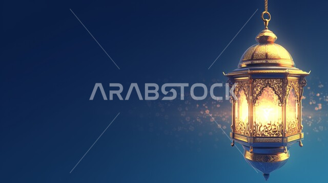 فانوس مزخرف معدني مضيء, ديكورات وزينة و أنوار، الاحتفالات بالمناسبات و الأعياد الدينية الإسلامية, البهجة بقدوم رمضان المبارك, أضواء و مصابيح عربية تقليدية, الأجواء الروحانية في الأيام الفضيلة, الاستعداد لاستقبال الشهر الفضيل، خلفية زرقاء