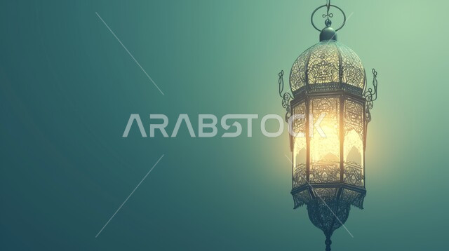 فانوس مزخرف معدني مضيء, ديكورات وزينة و أنوار، الاحتفال بالمناسبات و الأعياد الدينية الإسلامية, البهجة بقدوم رمضان المبارك, أضواء و مصابيح عربية تقليدية, الأجواء الروحانية في الأيام الفضيلة, الاستعداد لاستقبال الشهر الفضيل، خلفية خضراء