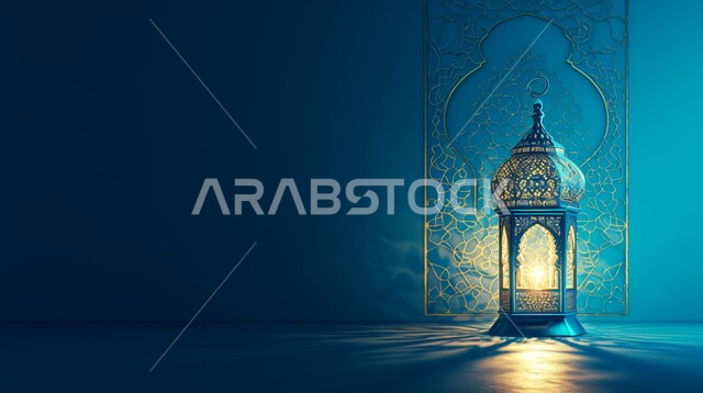 فانوس مزخرف معدني مضيء, ديكورات وزينة و أنوار، الاحتفال بالمناسبات و الأعياد الدينية الإسلامية, البهجة بقدوم رمضان المبارك, أضواء و مصابيح عربية تقليدية, الأجواء الروحانية في الأيام الفضيلة, الاستعداد لاستقبال الشهر الفضيل، خلفية زرقاء
