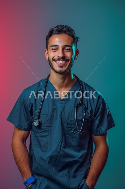 تقديم الخدمات الطبية والعلاجية باتقان وسرعة، قسم الاسعاف والطوارئ في مشافي المملكة العربية السعودية، طبيب عربي خليجي سعودي يرتدي المعطف الطبي يقف بإيماءات الثقة بالنفس, العمل في القطاع الصحي وإنقاذ حياة المرضى