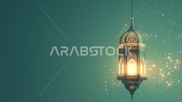 فانوس مزخرف معدني مضيء, ديكورات وزينة و أنوار، الاحتفال بالمناسبات و الأعياد الدينية الإسلامية, البهجة بقدوم رمضان المبارك, أضواء و مصابيح عربية تقليدية, الأجواء الروحانية في الأيام الفضيلة, الاستعداد لاستقبال الشهر الفضيل، خلفية خضراء