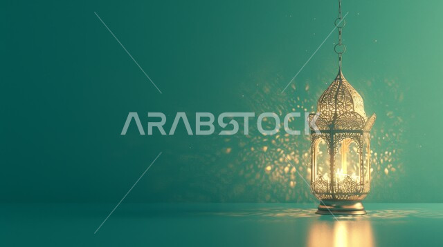 فانوس مزخرف معدني مضيء, ديكورات وزينة و أنوار، الاحتفال بالمناسبات و الأعياد الدينية الإسلامية, البهجة بقدوم رمضان المبارك, أضواء و مصابيح عربية تقليدية, الأجواء الروحانية في الأيام الفضيلة, الاستعداد لاستقبال الشهر الفضيل، خلفية خضراء