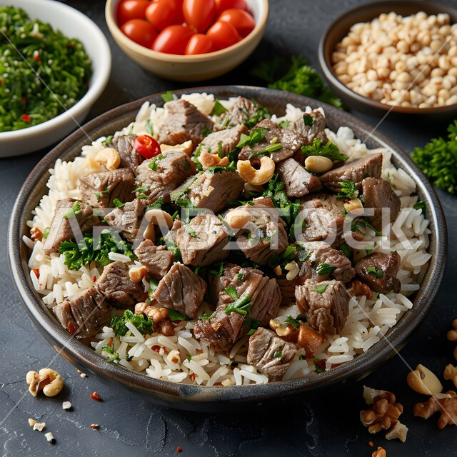 وجبات وأطباق عربية تقليدية شعبية، طبق من الأرز الابيض و قطع لحم الغنم المطهية، وصفات طعام المطبخ السعودي، مطاعم للمأكولات العربية الشرقية في المملكة العربية السعودية