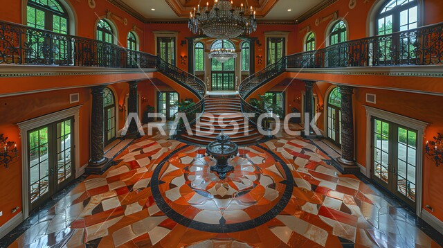 التصميم الحديث لسلم من الرخام داخل فندق فاخر، الديكورات الداخلية باللون الرمادي الفخم، فلل سكنية بتصاميم عصرية، مفهوم الفن المعماري الهندسي في السعودية، اكسسوارات وتحف وأثاث منزلي راقي