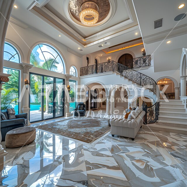 التصميم الحديث لسلم من الرخام داخل فندق فاخر، الديكورات الداخلية باللون الرمادي الفخم، فلل سكنية بتصاميم عصرية، مفهوم الفن المعماري الهندسي في السعودية، اكسسوارات وتحف وأثاث منزلي راقي