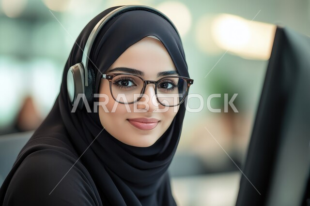 مفهوم الاستعلامات والاستفسارات، استخدام التقنيات الحديثة والمتطورة، صورة مقربة لموظفة عربية خليجية سعودية مبتسمة محجبة ترتدي سماعة الاتصال تنظر الى الكاميرا بسرور، العمل في مجال خدمة العملاء والاجابه على اسئلة الزبائن