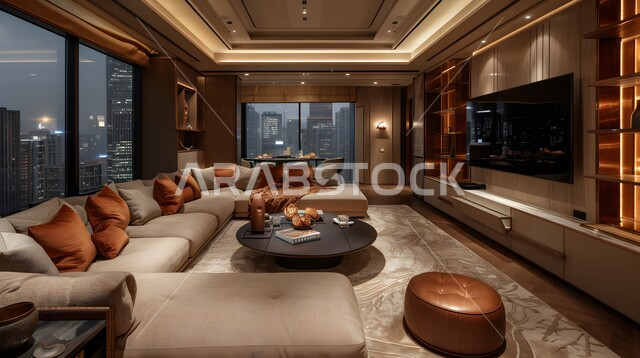 Elegant designs for comfortable living rooms in modern style, living room with luxury home furniture in elegant colors, high-end interior decorations for villas and residential apartments in Saudi Arabia, modern accessories and antiques