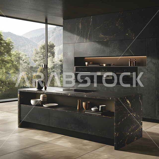 تصميم داخلي لمطبخ على الطراز الحديث, الديكورات العصرية للمطابخ الفاخرة في المملكة العربية السعودية، الأضواء المعلقة وتناسق الألوان, أثاث منزلي راقي، شقق وفلل سكنية مميزة