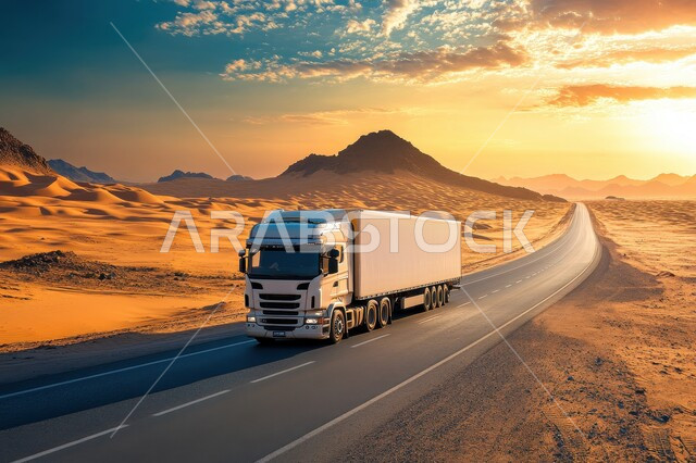 خدمة نقل البضائع على الطرق السريعة وسط الصحراء, شاحنة على طريق اسفلتي أثناء الشروق, الجبال و الطبيعة الصحراوية الجبلية في المملكة العربية السعودية، المرتفعات الصخريه على جوانب الطرقات المعبده