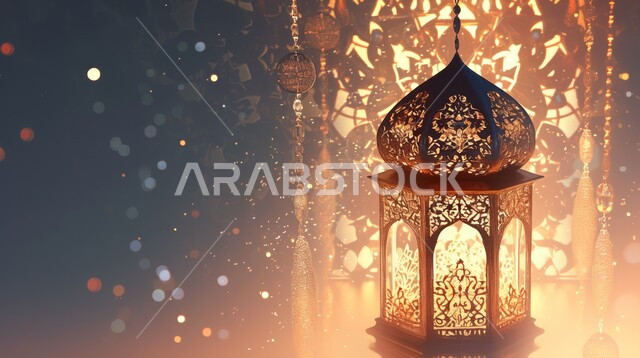 زينة وديكورات رمضان المبارك، فانوس عربي مزخرف بطريقة معقدة ، الأجواء الروحانية المتميزة، البهجة بقدوم شهر الخير، الاحتفال بالمناسبات والأعياد الدينية في المملكة العربية السعودية، خلفية رمضانية