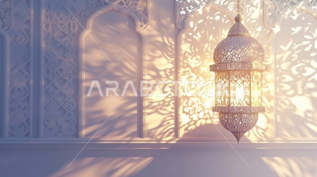 زينة وديكورات رمضان المبارك، فانوس عربي مزخرف بطريقة معقدة ، الأجواء الروحانية المتميزة، البهجة بقدوم شهر الخير، الاحتفال بالمناسبات والأعياد الدينية في المملكة العربية السعودية، خلفية رمضانية
