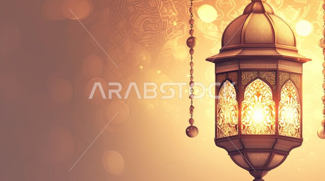 زينة وديكورات رمضان المبارك، فانوس عربي مزخرف بطريقة معقدة ، الأجواء الروحانية المتميزة، البهجة بقدوم شهر الخير، الاحتفال بالمناسبات والأعياد الدينية في المملكة العربية السعودية، خلفية رمضانية