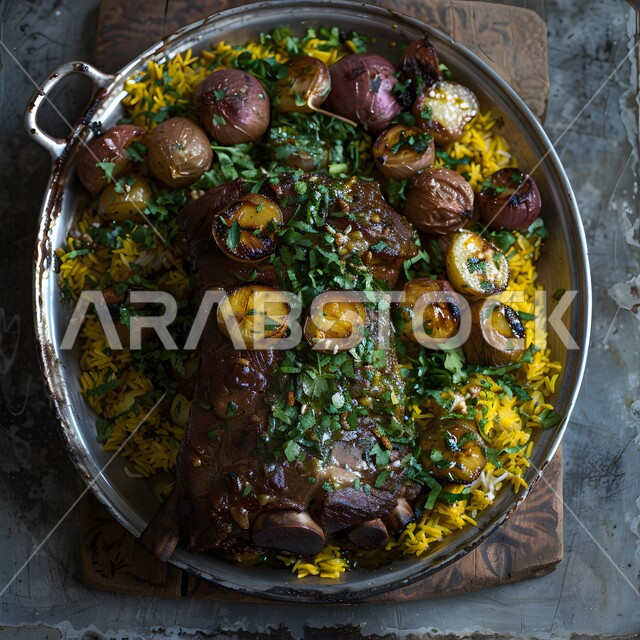 أكلات شعبية شهية، صورة مقربة لطبق من أرز الكبسة اللذيذ مع لحم الضأن المشوي والليمون والبصل المزين بالبقدونس، وصفات وأطباق طعام لذيذة صحية، فنون تقديم الطعام في مطاعم المملكة العربية السعودية، المأكولات التقليدية الشرقية