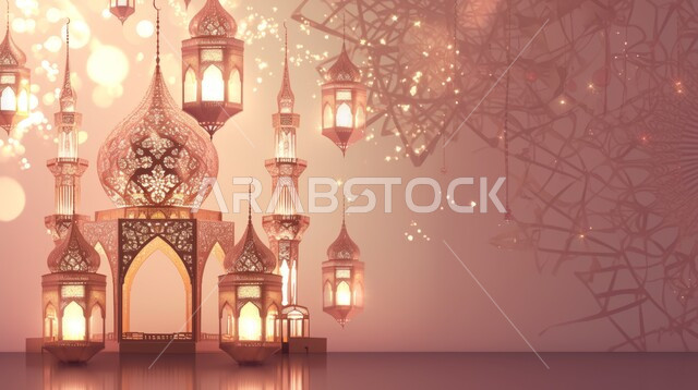 Distinctive spiritual atmosphere, joy of the arrival of the month of goodness, Ramadan decorations and decorations, Arabic lanterns decorated with Islamic motifs, celebrating religious occasions and holidays in the Kingdom of Saudi Arabia, Ramadan background