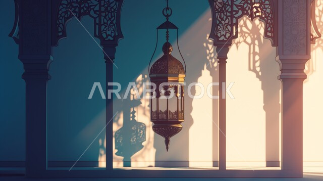 Hanging illuminated metal decorative lantern, decorations and lights, celebrating Islamic religious occasions and holidays, joy of the coming of Ramadan, traditional Arabic lights and lamps, spiritual atmosphere in the holy days, preparing to receive the holy month, Ramadan background