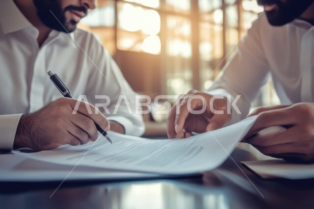 مفهوم التوظيف والعمل, قراءة السيرة الذاتية, عقد صفقات و توقيع اتفاقيات عمل ناجحة, صورة مقربة لرجلين عربيين خليجيين سعوديين يقومان بعقد اجتماع داخل مقر الشركة, أوراق ومستندات وعقود تجارية