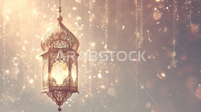 Joy of the coming of the holy month of Ramadan, hanging illuminated metal decorative lantern, decorations and lights, celebrating Islamic religious occasions and holidays, traditional Arabic lights and lamps, spiritual atmosphere in the holy days, preparing to receive the holy month, Ramadan background