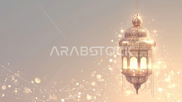 Joy of the coming of the holy month of Ramadan, hanging illuminated metal decorative lantern, decorations and lights, celebrating Islamic religious occasions and holidays, traditional Arabic lights and lamps, spiritual atmosphere in the holy days, preparing to receive the holy month, Ramadan background