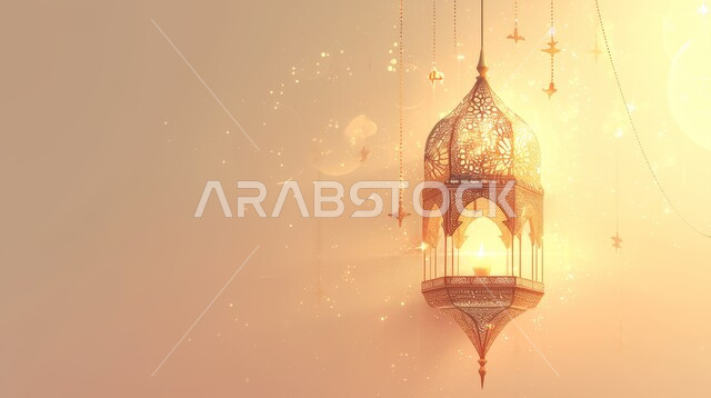 Joy of the coming of the holy month of Ramadan, hanging illuminated metal decorative lantern, decorations and lights, celebrating Islamic religious occasions and holidays, traditional Arabic lights and lamps, spiritual atmosphere in the holy days, preparing to receive the holy month, Ramadan background