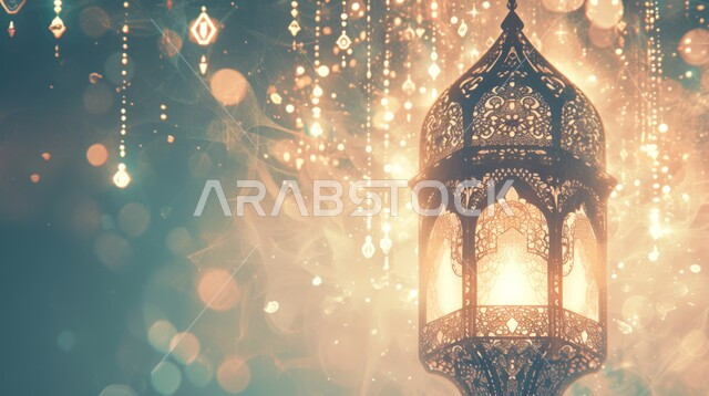 Joy of the coming of the holy month of Ramadan, hanging illuminated metal decorative lantern, decorations and lights, celebrating Islamic religious occasions and holidays, traditional Arabic lights and lamps, spiritual atmosphere in the holy days, preparing to receive the holy month, Ramadan background