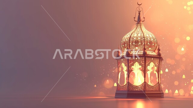 Joy of the coming of the holy month of Ramadan, hanging illuminated metal decorative lantern, decorations and lights, celebrating Islamic religious occasions and holidays, traditional Arabic lights and lamps, spiritual atmosphere in the holy days, preparing to receive the holy month, Ramadan background