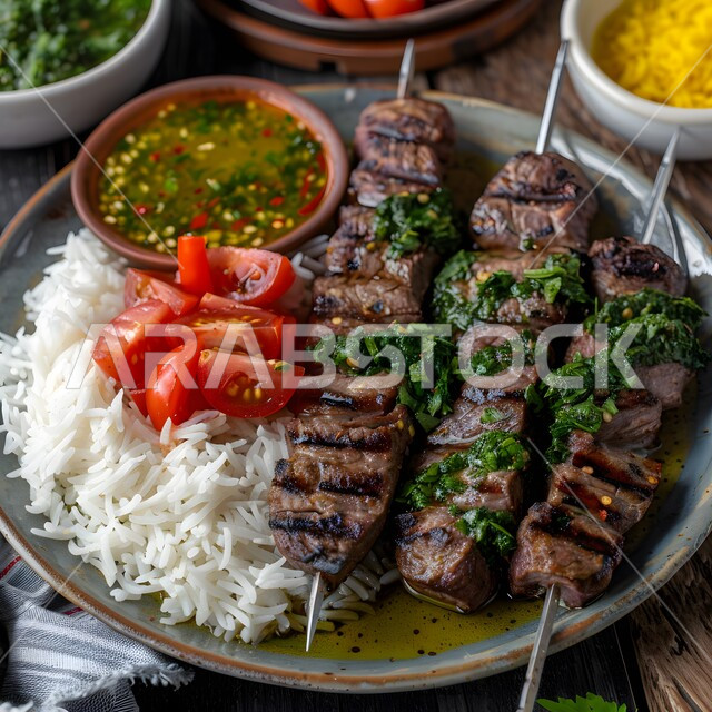 أطباق الباربكيو الشهية المقدمة مع الأرز المطبوخ، مأكولات وأصناف عربية شرقية، أسياخ اللحمة المشوية المزينة بالبقدونس المفروم، وجبات الطعام اللذيذة الصحية، مطاعم الشواء في المملكة العربية السعودية