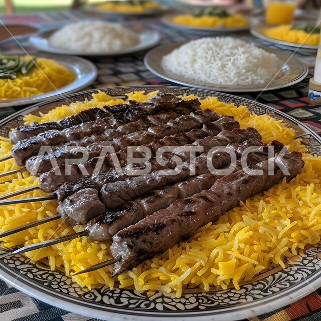 أطباق الباربكيو الشهية المقدمة مع الأرز المطبوخ، مأكولات وأصناف عربية شرقية، أسياخ اللحمة المشوية المزينة بالبقدونس المفروم، وجبات الطعام اللذيذة الصحية، مطاعم الشواء في المملكة العربية السعودية