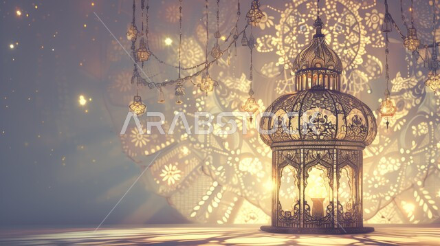 Preparing to welcome the holy month, the joy of the arrival of the blessed Ramadan, a hanging illuminated metal decorative lantern, decorations, ornaments and lights, celebrating Islamic religious occasions and holidays, traditional Arabic lights and lamps, the spiritual atmosphere in the holy days, Ramadan background