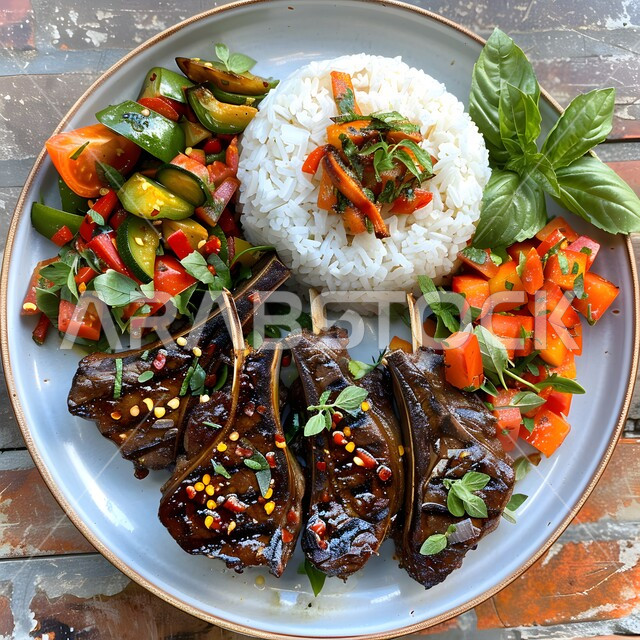 A varied plate of grilled lamb chops with carrots and rice, a meal with high nutritional value, the arts of presentation in restaurants and kitchens in the Kingdom of Saudi Arabia, dishes of traditional popular Arab cuisine, delicious healthy food recipes