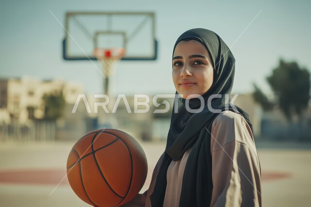  أنشطة ترفيهية ورياضات نسائية، التدرب على إتقان لعب كرة السلة، الاستعداد لتصويب الهدف، إجراء تمرينات رياضية، المحافظة على اللياقة البدنية، صورة مقربة للاعبة عربية خليجية سعودية محجبة تنظر إلى الكاميرا بثقة، اتباع نمط حياة صحي