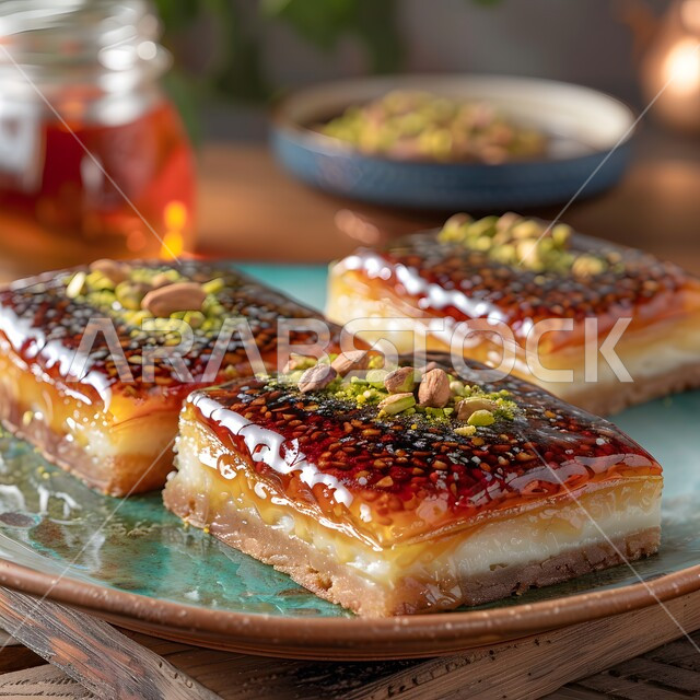 فنون التقديم في مطاعم المملكة العربية السعودية، قطع الحلوى الشهية، وصفات شرقية مشهورة، صورة مقربة لطبق من حلا الكنافة المحشوة بالقشطة والمزينة بالفستق الحلبي، حلويات وسكريات بالقطر